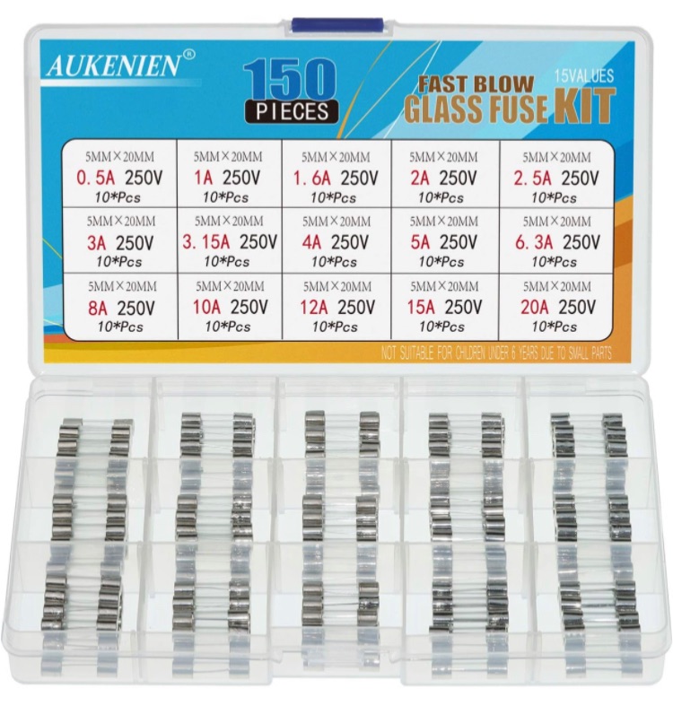 Photo 1 of 2 pack - AUKENIEN Fast Blow Glass Fuses Kit 15 Value 150 Pcs 0.5A 1A 1.6A 2A 2.5A 3A 3.15A 4A 5A 6.3A 8A 10A 12A 15A 20A 250V Quick Fuse Assortment 5x20mm 0.5 1 1.6 2 2.5 3 3.15 4 5 6.3 8 10 12 15 20 Amp