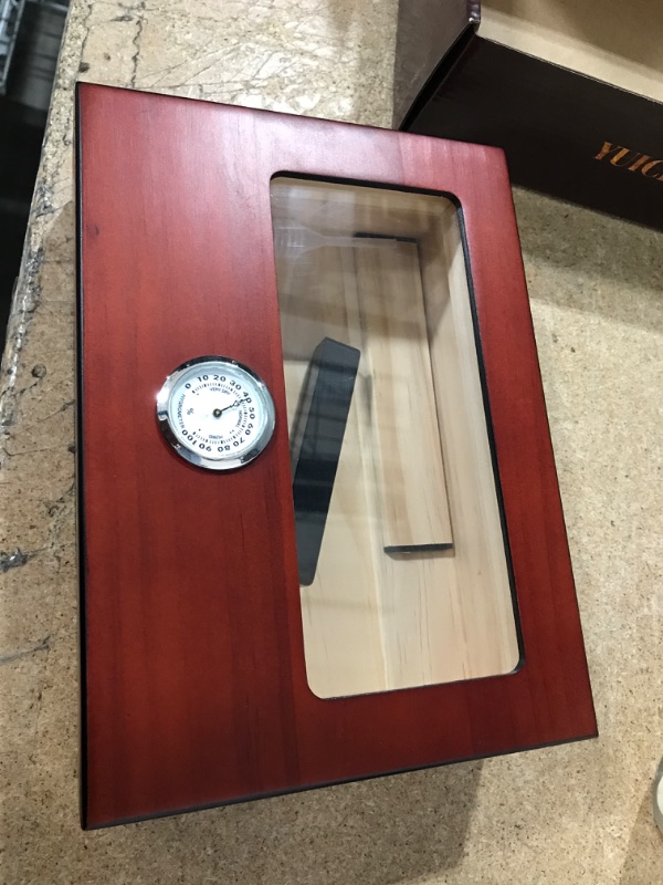 Photo 2 of YUICHH Cigar Humidors Humidor Cigar Box, Cigar Humidor Glass Top Humidor with Hygrometer Humidifier and Divider, Cigar Box Humidifier Holds 25-30 Cigars Cedar Wood Desktop Humidor Cigar Accessories