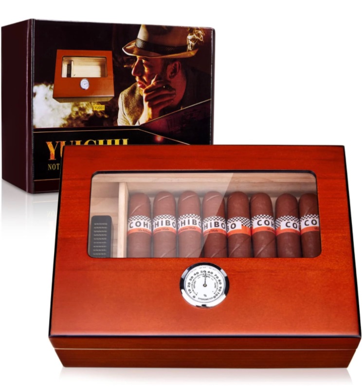 Photo 1 of YUICHH Cigar Humidors Humidor Cigar Box, Cigar Humidor Glass Top Humidor with Hygrometer Humidifier and Divider, Cigar Box Humidifier Holds 25-30 Cigars Cedar Wood Desktop Humidor Cigar Accessories