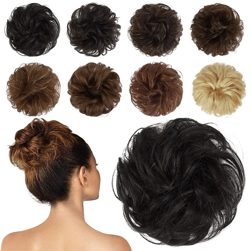 Photo 1 of FESHFEN Human Hair Messy Buns, 100% Human Hair Bun Hair Piece Real Hair Extension Wavy Curly Hair Scrunchies Tousled Updo Chignon Hairpieces for Women Girls, Natural Black
