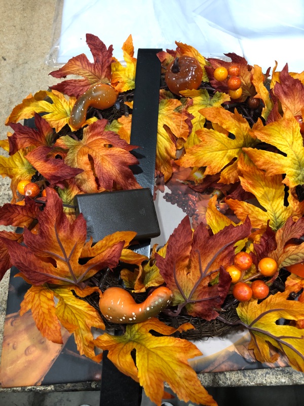 Photo 3 of ***SEE NOTES** Brwoynn Fall Door Wreath, 17 inch Thanksgiving Harvest Wreath for Front Door with Maple Leaf and Berry, Pumpkins, Ideal for Harvest Autumn Thanksgiving Indoor Outdoor Decoration Orange