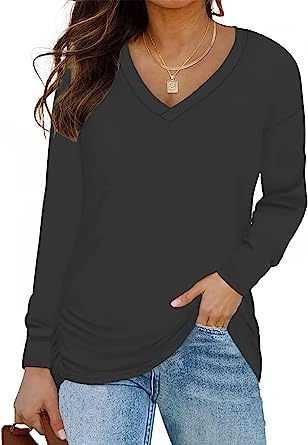 Photo 1 of FERYSHE Womens Tops Casual Long Sleeve V-Neck T Shirts with Side Shirring BLACK LARGE