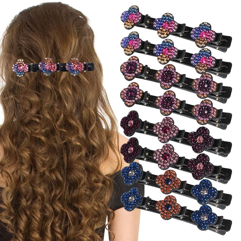 Photo 1 of 8PCS Braided Hair Clips, Sparkling Crystal Stone Braided Hair Clips, Rhinestone Four-Leaf Clover Chopped Hairpin Duckbill Clip with 3 Small Clips, Braided Hair Clip with Rhinestones for Women and Girls-- 2 ITEMS 