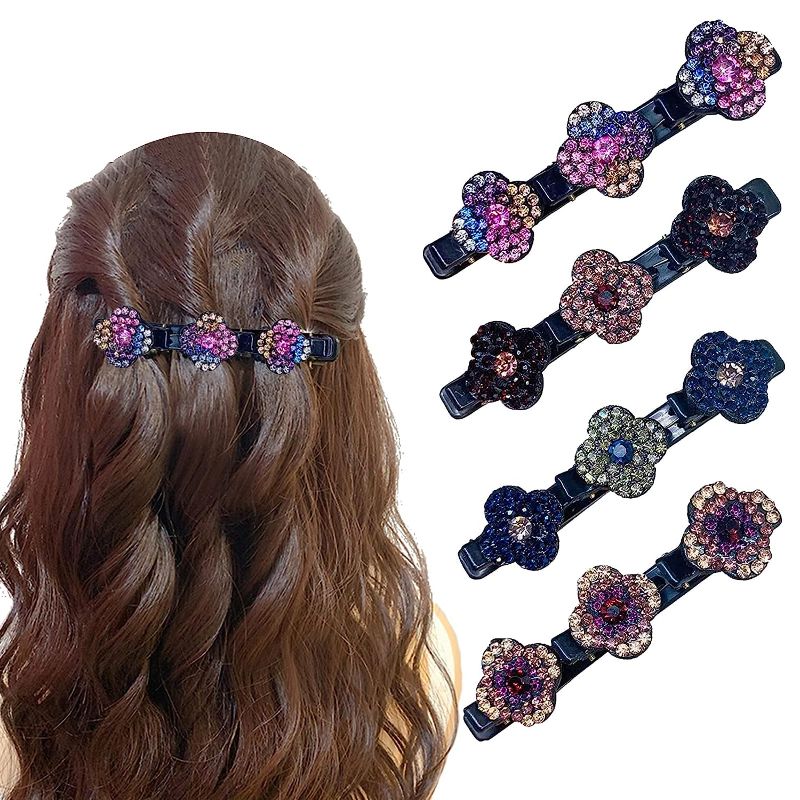 Photo 1 of 4PCS Sparkling Crystal Stone Braided Hair Clips, Four-Leaf Clover Chopped Hairpin Duckbill Clip with 3 Small Clips, Braided Hair Clip with Rhinestones for Women/Girls