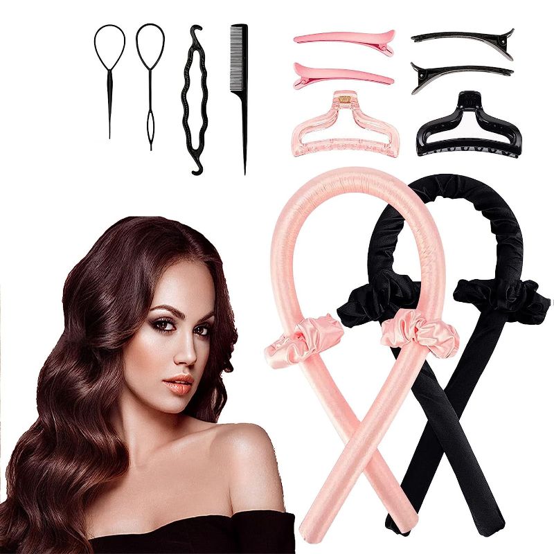 Photo 2 of Heatless Hair Curler - Heatless curls Set - Heatless Curling Rod Headband - Satins Heatless Hair Curler To Sleep In (Black and Pink)-- 2 ITEMS 