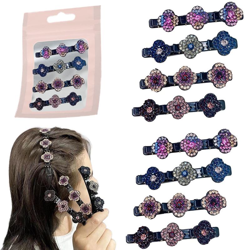 Photo 1 of 8 Pcs Sparkling Crystal Stone Braid Hair Clips, Fancy Flower Decorative Hairpin Duckbill Hair Barrettes with 3 Small Clips Braided Hair Clip Accessories---- 3 ITEMS 