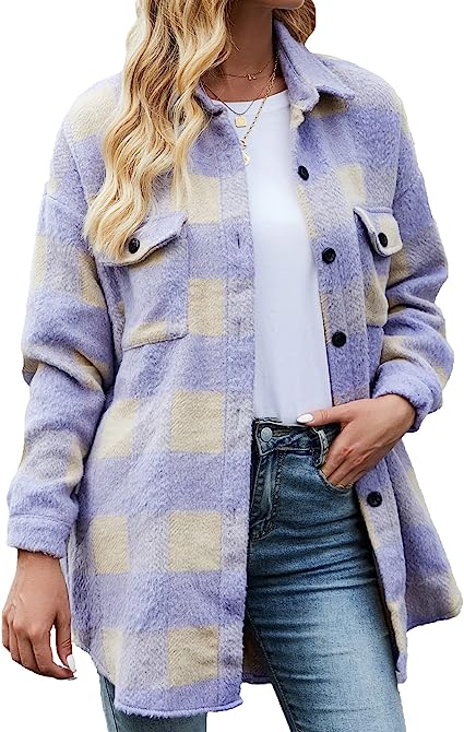 Photo 1 of Flygo Women's Plaid Brushed Shacket Shirt Lapel Casual Loose Button Down Flannel Jacket size X-LARGE 