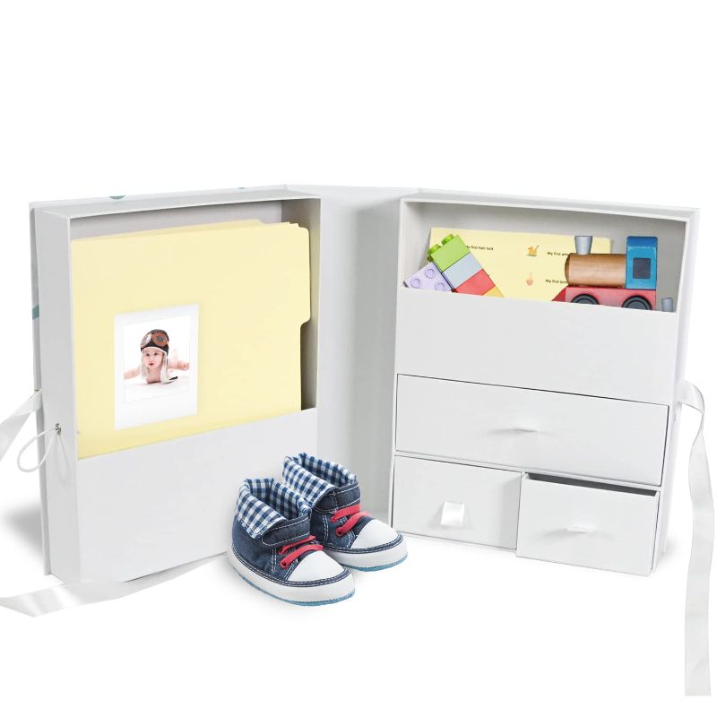 Photo 1 of Baby Keepsake Box - Elegant Baby Box with Drawers, Paper File Storage, Cute Stickers, and Additional Compartments, Memory Box for Keepsakes