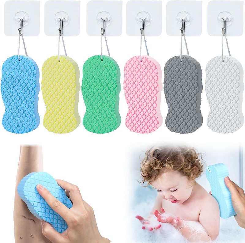 Photo 1 of 6Pcs Ultra Soft Bath Body Shower Sponge, Resuable Exfoliator Dead Skin Remover, Super Soft Exfoliating Bath Sponge with 6 Sticky Hooks for Pregnant Women, Adult and Children