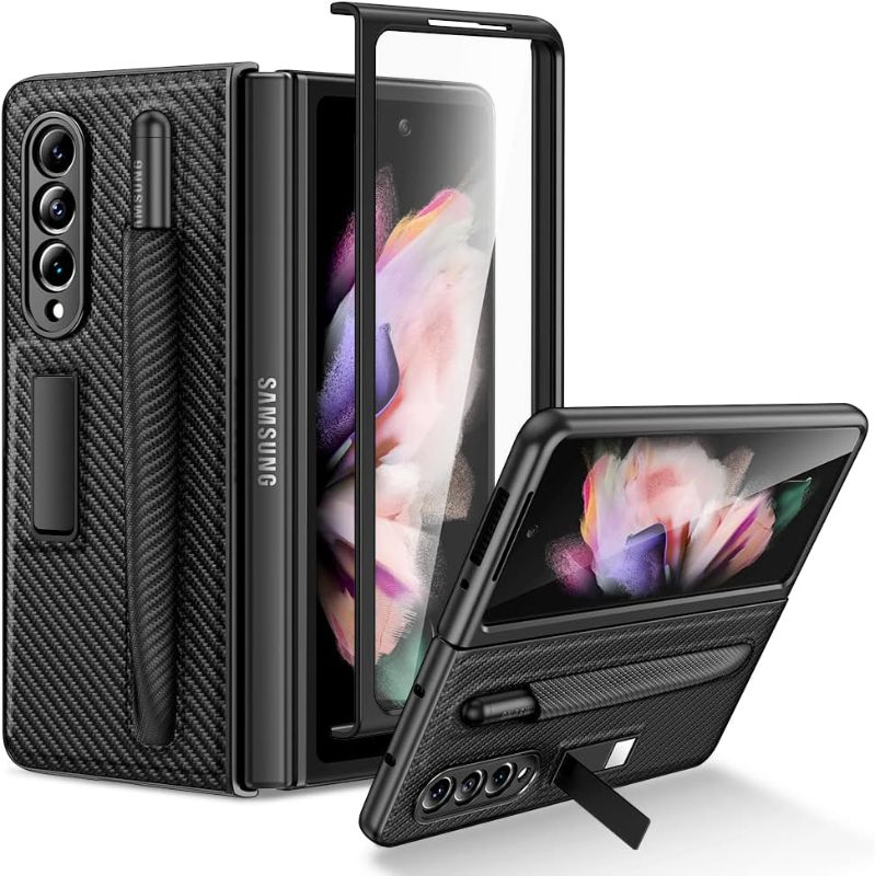 Photo 1 of **SET OF 2** VEGO Case for Samsung Galaxy Z Fold 3 Case, Magnetic Kickstand Case with S Pen Holder and Front Screen Protector, Luxury PU Leather Slim Protective Cover Case for Z Fold 3 5G - Texture Carbon Black
