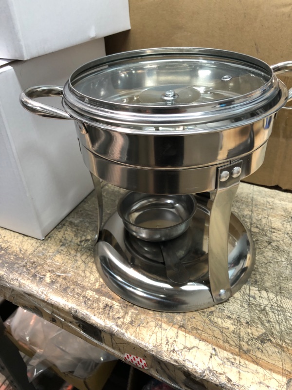 Photo 6 of *** NEW *** ** ONLY ONE IS USED SEE PICTURES *** BriSunshine 6 Packs Individual Single Shabu Hot Pot,1QT Mini Round Chafing Dish Buffet Set,Stainless Steel Food Server Warmers with Glass Lids for Catering Parties Wedding