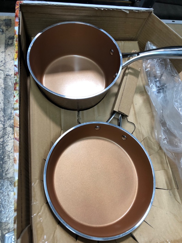 Photo 3 of *** USED IN GOOD CONDITION *** *** MISSING 3 PIECES SEE PICTURES *** Gotham Steel Premium Hammered Cookware – 3 Piece & 12” Nonstick Fry Pan with Lid – Hammered Copper Collection, Premium Aluminum Cookware with Stainless Steel Handles Cookware Set + Fry P