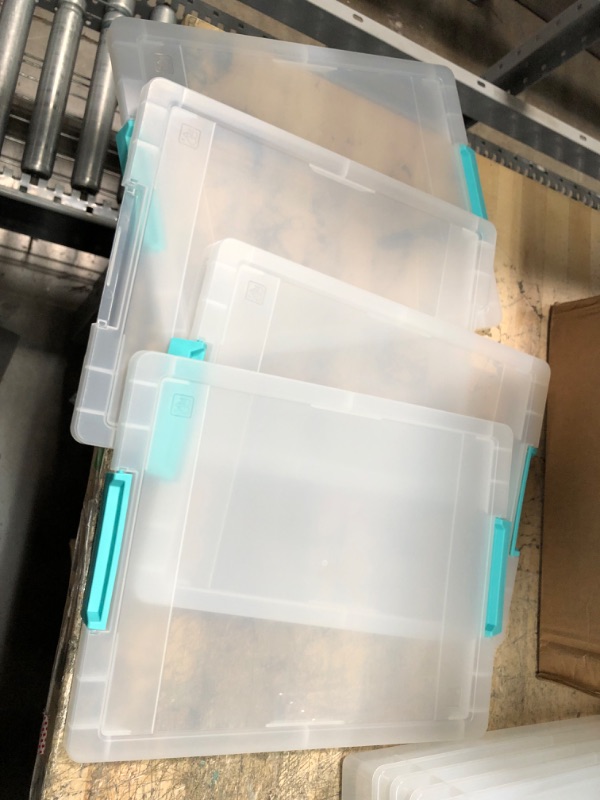 Photo 2 of *** USED *** IRIS USA 6 Quart Clip Box, Clear Plastic Storage Bins with Secure Latching Buckles, Organizing Container for Office, School, Kids and Craft Room, Large, Clear/Seafoam Blue, 4 Pack Clear/Seafoam Blue 6 QT - 4 Pack Standard (No Handle)