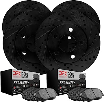 Photo 1 of Dynamic Friction Company Front Rear Brake Rotors-Drilled and Slotted-Black with 3000 Series Ceramic Brake Pads 8304-73054
