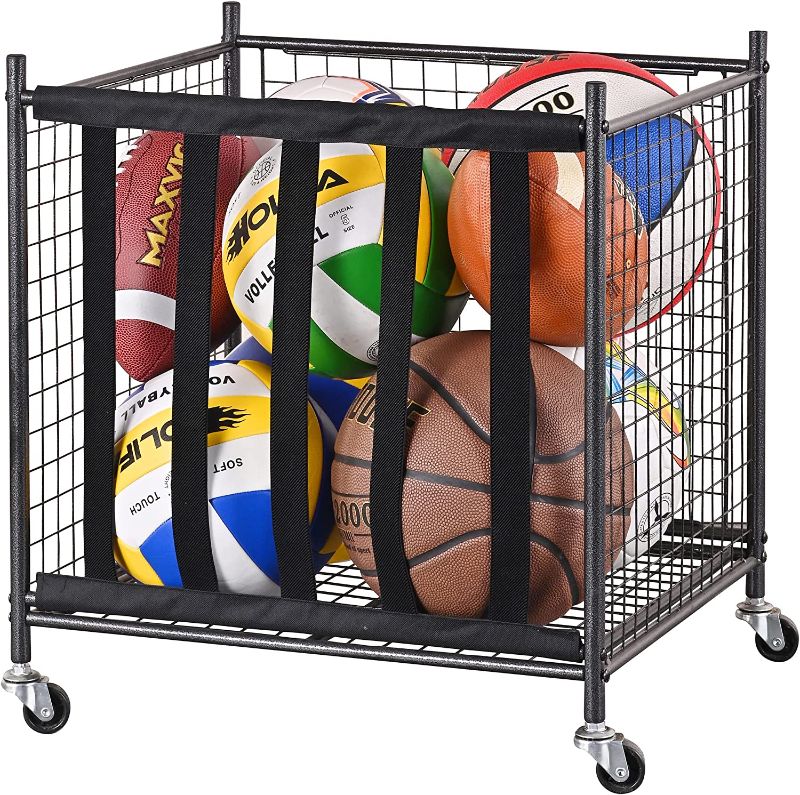 Photo 1 of **LOOSE HARDWARE**Mythinglogic Rolling Sports Ball Storage Cart, Sports Lockable Ball Storage Locker with Elastic Straps, Stackable Ball Cage for Garage Storage Garage Organizer
