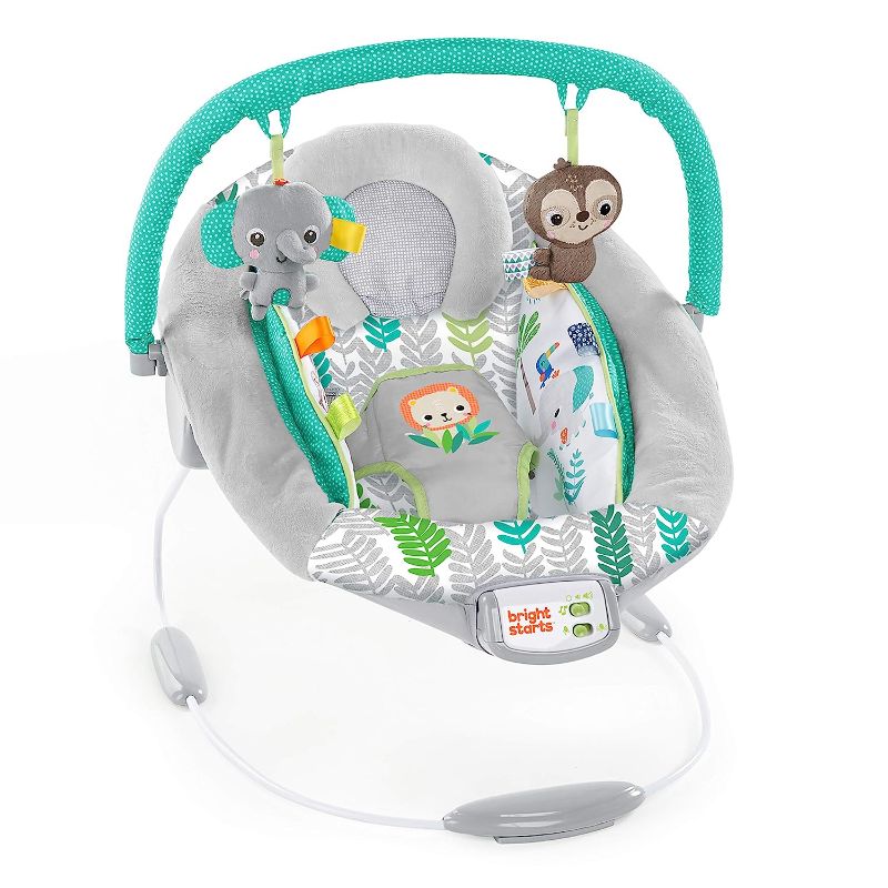 Photo 1 of **MINOR TEAR & WEAR**Bright Starts Jungle Vines Comfy Baby Bouncer and Vibrating Infant Seat with Taggies & Elephant and Sloth Plush Baby Toys
