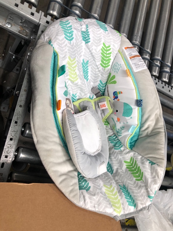 Photo 3 of **MINOR TEAR & WEAR**Bright Starts Jungle Vines Comfy Baby Bouncer and Vibrating Infant Seat with Taggies & Elephant and Sloth Plush Baby Toys
