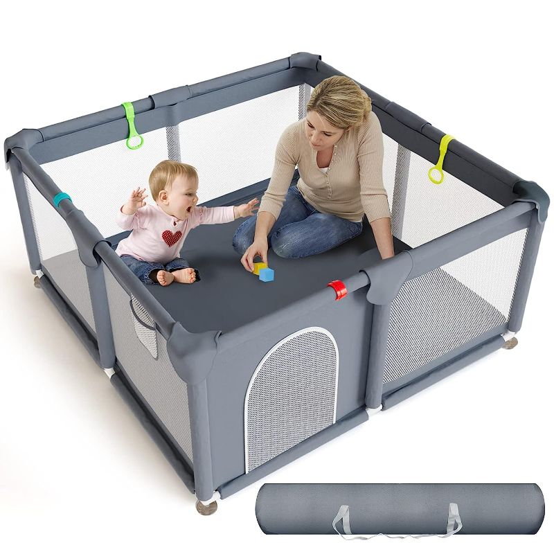 Photo 1 of Baby Playpen, 50”×50” Play Pens for Babies and Toddlers, Gentle Monster Baby Playard with Gate & Anti-Slip Base, Sturdy Safety Play Yard for Baby with Storage Bag Indoor & Outdoor
