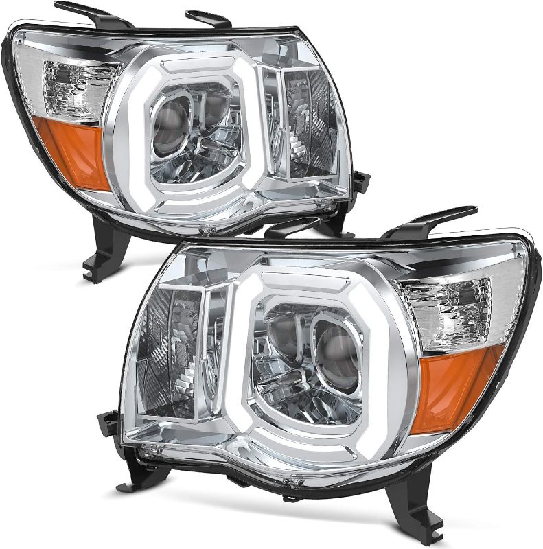 Photo 1 of oEdRo LED DRL Headlight Assembly Compatible with 2005 2006 2007 2008 2009 2010 2011 Tacoma Headlamp Replacement w/Daytime Running Light Amber Reflector Chrome Housing Pair Set
