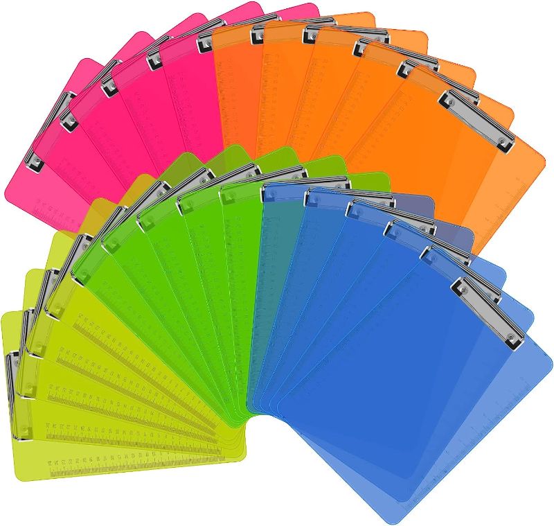 Photo 1 of Clipboards, HERKKA 25 Pack Plastic Clipboards Low Profile Clip Standard A4 Letter Size, Assorted Transparent Color, for Classroom and Office Use
