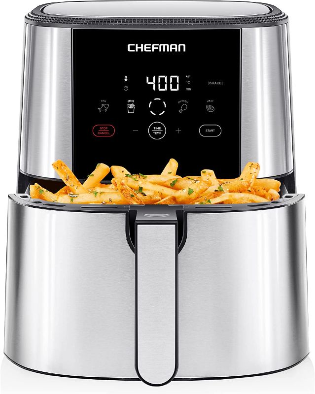 Photo 1 of *PARTS ONLY**  *CORD* NEEDS PROFESSIONAL REPAIR* Chefman TurboFry Touch Air Fryer, Large 5-Quart Family Size, One Touch Digital Control Presets, French Fries, Chicken, Meat, Fish, Nonstick Dishwasher-Safe Parts, Automatic Shutoff, Stainless Steel
