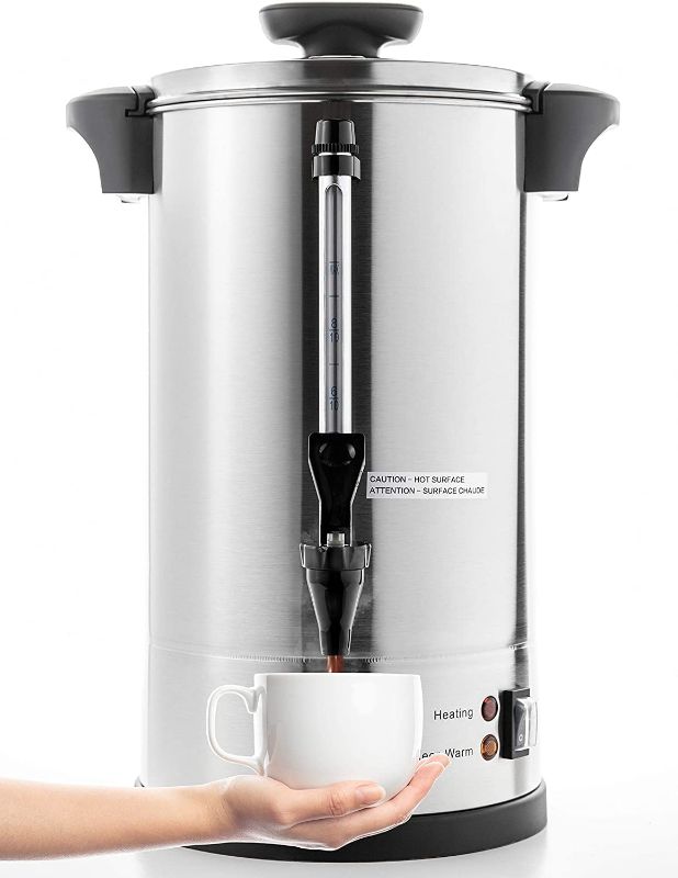 Photo 5 of *** POWERS ON *** SYBO 2022 Upgrade SR-CP100B Commercial Grade Stainless Steel Percolate Coffee Maker Hot Water Urn for Catering, 100-CUP 16 L, Metallic
