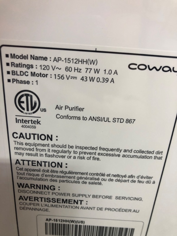 Photo 2 of *** POWERS ON *** Coway Airmega AP-1512HH(W) True HEPA Purifier with Air Quality Monitoring, Auto, Timer, Filter Indicator, and Eco Mode, 16.8 x 18.3 x 9.7, White AP-1512HH White
