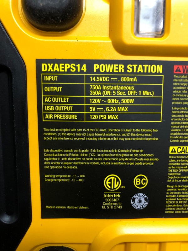 Photo 4 of **MINOR WEAR & TEAR**DEWALT DXAEPS14 1600 Peak Battery Amp 12V Automotive Jump Starter/Power Station with 500 Watt AC Power Inverter, 120 PSI Digital Compressor, and USB Power , Yellow
