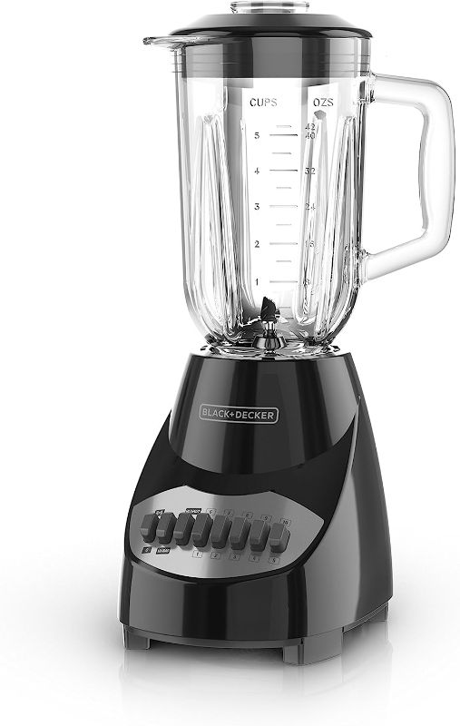 Photo 1 of **MINOR WEAR & TEAR**BLACK+DECKER Countertop Blender with 5-Cup Glass Jar, 10-Speed Settings, Black, BL2010BG, 8.5 x 9.9 x 13.5 inches
