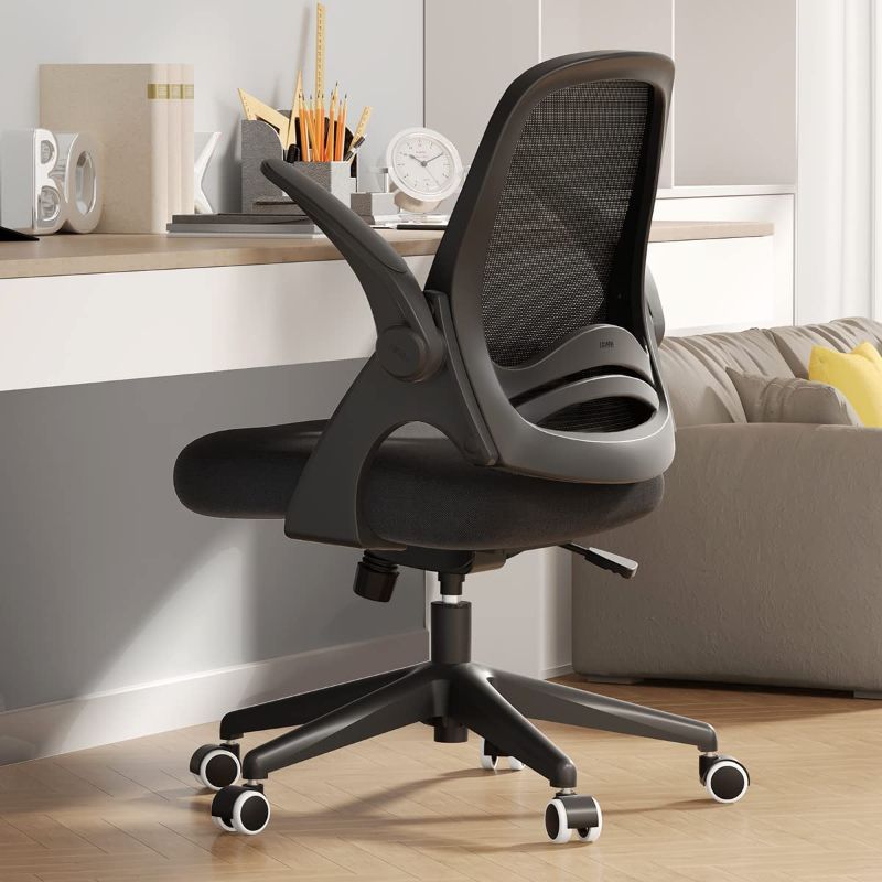Photo 1 of ** SEE NOTES*** Hbada Home Office Desk Chair with Flip Up Arm, Breathable Mesh Back Lumbar Support Task Chair, Ergonomic Office Chair with Adjustable Height & PU Wheels, Swivel Computer Desk Chair, Black