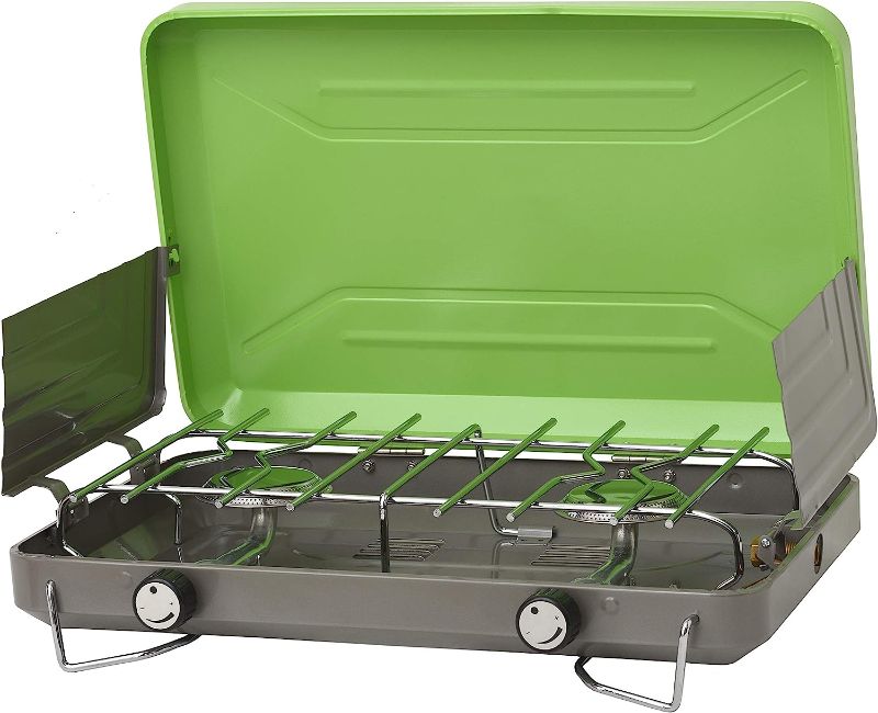 Photo 1 of **MINOR WEAR & TEAR**Flame King VT-101 2-Burner Portable Camping Stove Grill, Great for Outdoor Cooking, Backpacking, Compatible with 1LB Propane Gas Bottle
