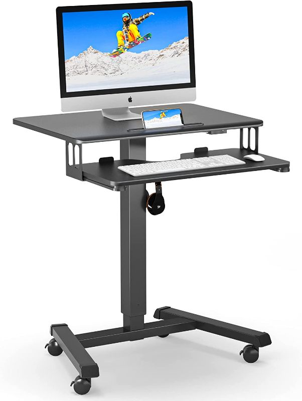 Photo 3 of BONTEC Mobile Standing Desk with Keyboard Tray, Mobile Podium, Computer Workstation Up to 33Lbs, Laptop Sit or Stand Desk on Wheels, Height Adjustable Stand Up Table for Living Room, Bedroom, Office
