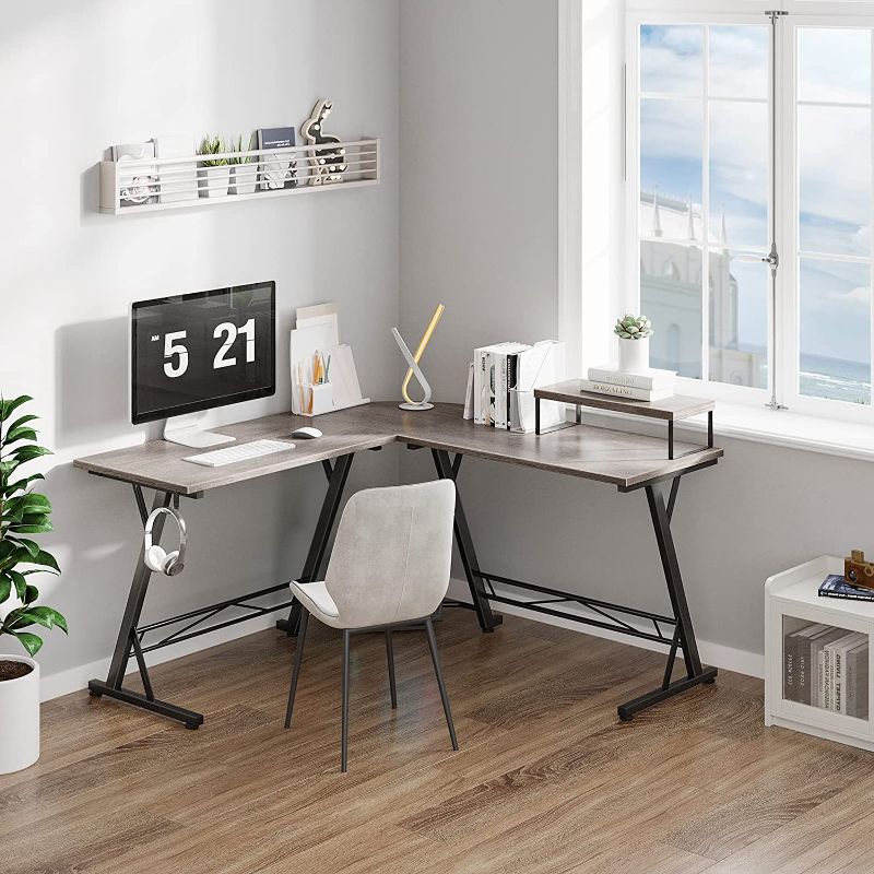 Photo 1 of Shaped Computer Desk, Corner Desk for Home Office with Monitor Stand 51", Gray Oak