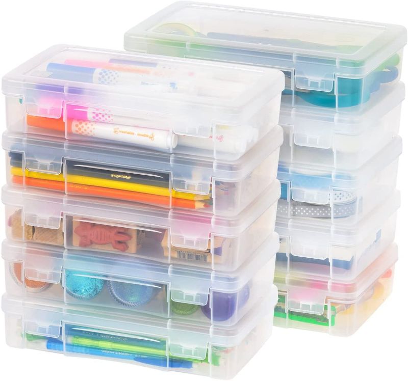 Photo 1 of IRIS USA Medium Plastic Hobby Art Craft Supply Organizer Storage Box with Snap-Tight Closure Latch, 10 Pack, Art Satchel Storage Case for Ribbons Beads Sticker Yarn and Ornaments, Stackable, Clear
