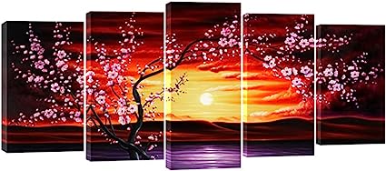 Photo 1 of Wieco Art Plum Tree Blossom Large Size 5 Panels Modern Giclee Canvas Prints Flowers 