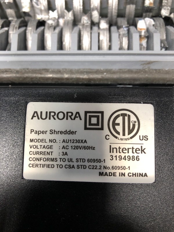 Photo 3 of USED. Aurora AU1230XA Anti-Jam 12-Sheet Crosscut Paper and Credit Card Shredder with 5.2-Gallon Wastebasket