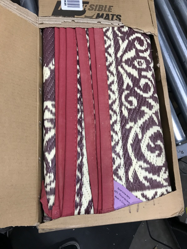 Photo 2 of Stylish Camping 116095 6-feet by 9-feet Reversible Mat, Plastic Straw Rug, Large Floor Mat for Outdoors, RV, Patio, Backyard, Picnic, Beach, Camping (Burgundy/Beige) 6'x9' Burgundy/Beige