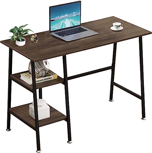 Photo 1 of VECELO 43 Inch Computer Home Office Desks, Study Writing Table with 2 Tier Storage Shelves?Adjustable Feet/Waterproof, Anti-Scratch Surface, Brown, 43"