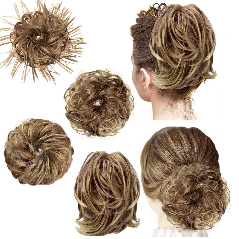 Photo 1 of WILLBOND 4 Pcs Messy Hair Bun Hairpiece Tousled Updo for Women Hair Extensions Straight Short Ponytail Elastic Scrunchies Curly Hair Accessories (Brown mix Blond/12H24,Basic Style)