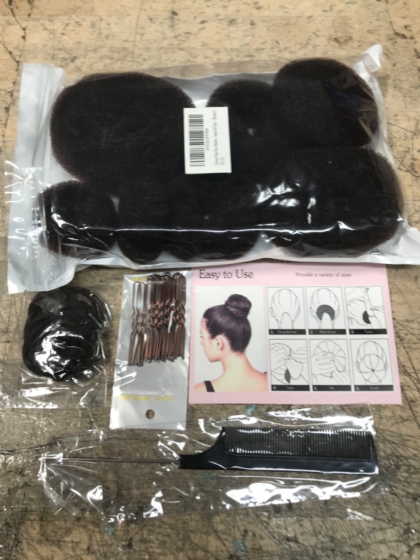 Photo 1 of 2 SETS - Donut Hair Bun Maker 7 Pieces, Teenitor Ring Style Bun Maker Set with (1 extra-large, 2 large, 2 medium and 2 small), 5 pieces Hair Elastic Bands, 20 pieces Hair Pins, Dark Brown