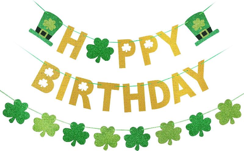 Photo 2 of BUNDLE OF 3 - St. Patrick's Day Birthday Party Decorations- Glitter Happy Birthday Banner and Shamrock Garland, Shamrock Decorations,St. Patrick’s Day Birthday Banner,Lucky One 1st Birthday Party Decorations