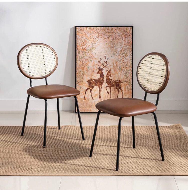 Photo 1 of Jaxsen Faux Leather Indoor Kitchen Dining Chairs Set of 2 with Rattan Backrest Modern Industrial Upholstered Chairs mid Century Metal Dining Chair Suitable for Dining Room Wine Coffee Bar Brown,18"