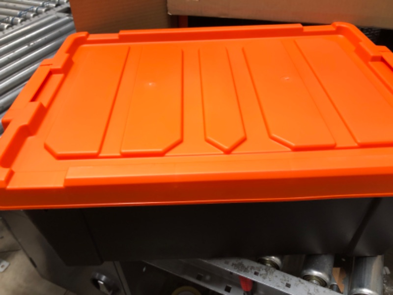 Photo 3 of ** MISSING ONE LID** IRIS USA 19 Gallon Heavy-Duty Plastic Storage Bins, 2 Pack, Store-It-All Container Totes with Durable Lid and Secure Latching Buckles, Garage and Metal Rack Organizing, Black/Orange
