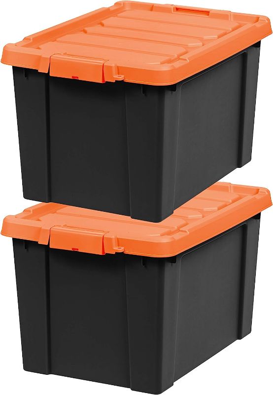 Photo 1 of ** MISSING ONE LID** IRIS USA 19 Gallon Heavy-Duty Plastic Storage Bins, 2 Pack, Store-It-All Container Totes with Durable Lid and Secure Latching Buckles, Garage and Metal Rack Organizing, Black/Orange
