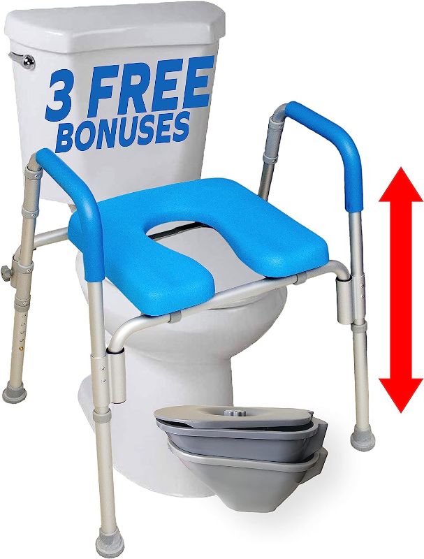 Photo 1 of Ultimate Raised Toilet Seat with Handles, Bedside Commode, Padded, Armrests, Adjustable Height, Premium Elevated Toilet Seat for Elderly Bathroom Safety with Arms, Standard and Elongated Toilets, Blue
