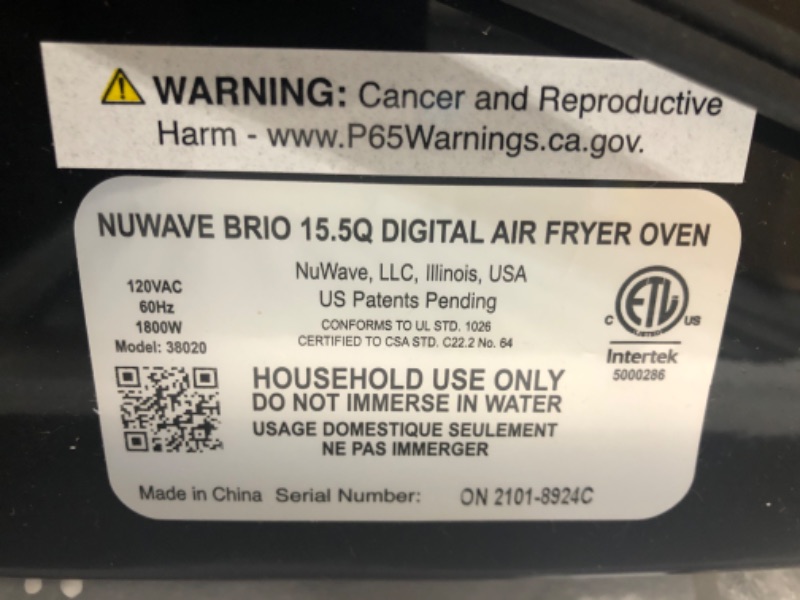 Photo 3 of ***TESTED/ POWERS ON***NUWAVE Brio Air Fryer Smart Oven, 15.5-Qt X-Large Family Size, Countertop Convection Rotisserie Grill Combo, SS Rotisserie Basket & Skewer Kit, Reversible Ultra Non-Stick Grill Griddle Plate Included 15.5-Quart Black