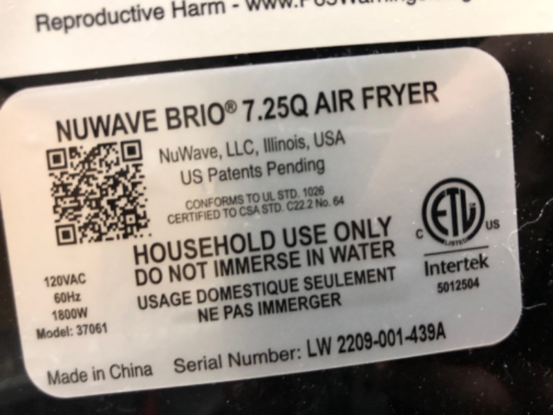 Photo 5 of **USED**
Nuwave Brio 7-in-1 Air Fryer Oven, 7.25-Qt with One-Touch Digital Controls, 50°- 400°F Temperature Controls in 5° Increments, Linear Thermal (Linear T) for Perfect Results, Black