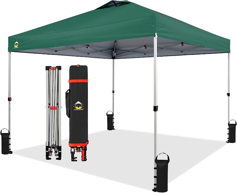 Photo 1 of CROWN SHADES 10x10 Pop Up Canopy, Patented One Push Tent Canopy, Newly Designed Storage Bag, 8 Stakes, 4 Sandbags,4 Ropes, Forest Green
