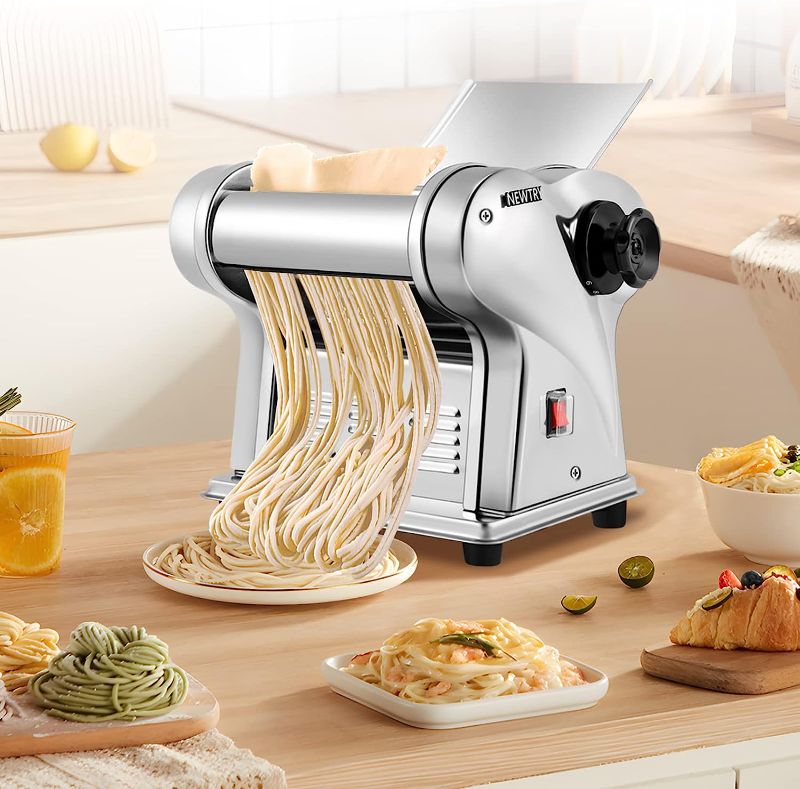 Photo 1 of (USED) NEWTRY Electric Pasta Maker Noodle Maker Pasta Making Machine Dough Roller Cutter Thickness Adjustable Stainless Steel US 110V for Family Use 2 Blades Type 