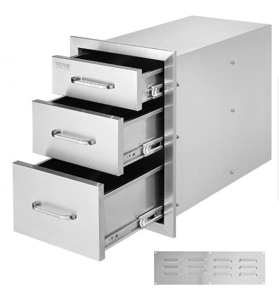 Photo 1 of VEVOR Outdoor Kitchen Drawers 14" W x 20.3" H x 23" D, Flush Mount Triple Access BBQ Drawers Stainless Steel with Handle, BBQ Island Drawers for Outdoor Kitchens or Patio Grill Station
